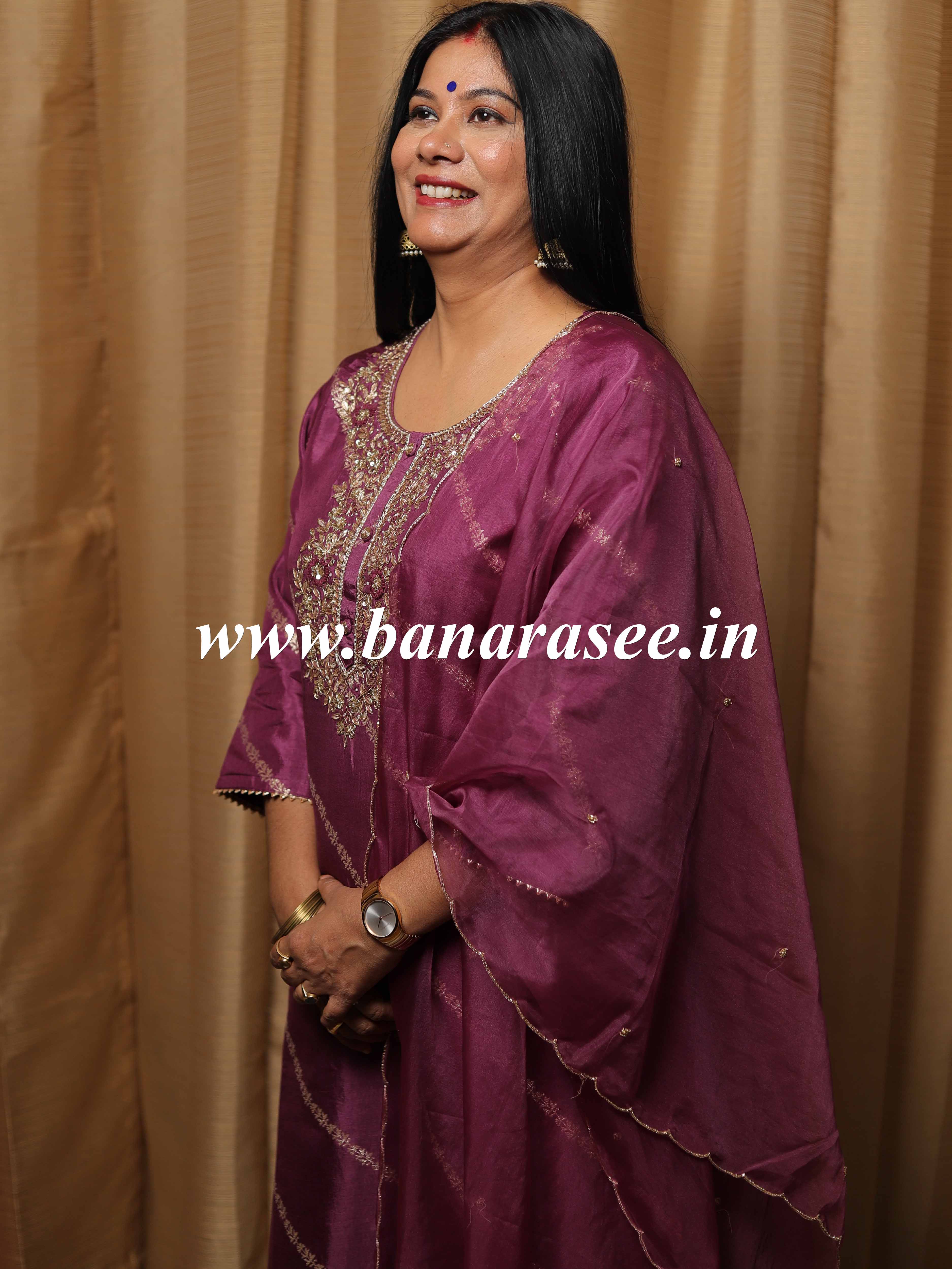 Banarasee Semi Silk Kurta Pants With Organza Dupatta Suit Set-Purple