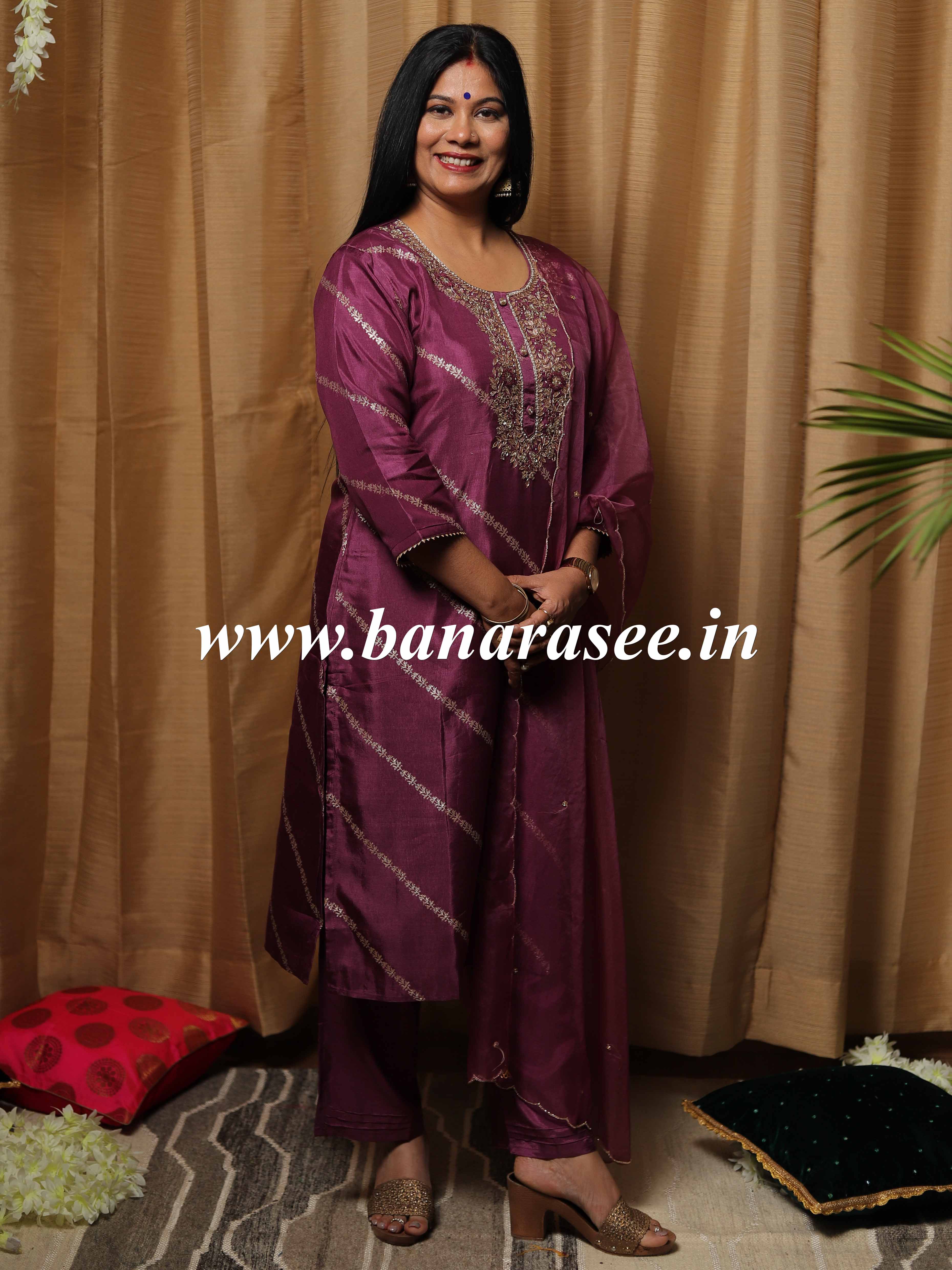 Banarasee Semi Silk Kurta Pants With Organza Dupatta Suit Set-Purple