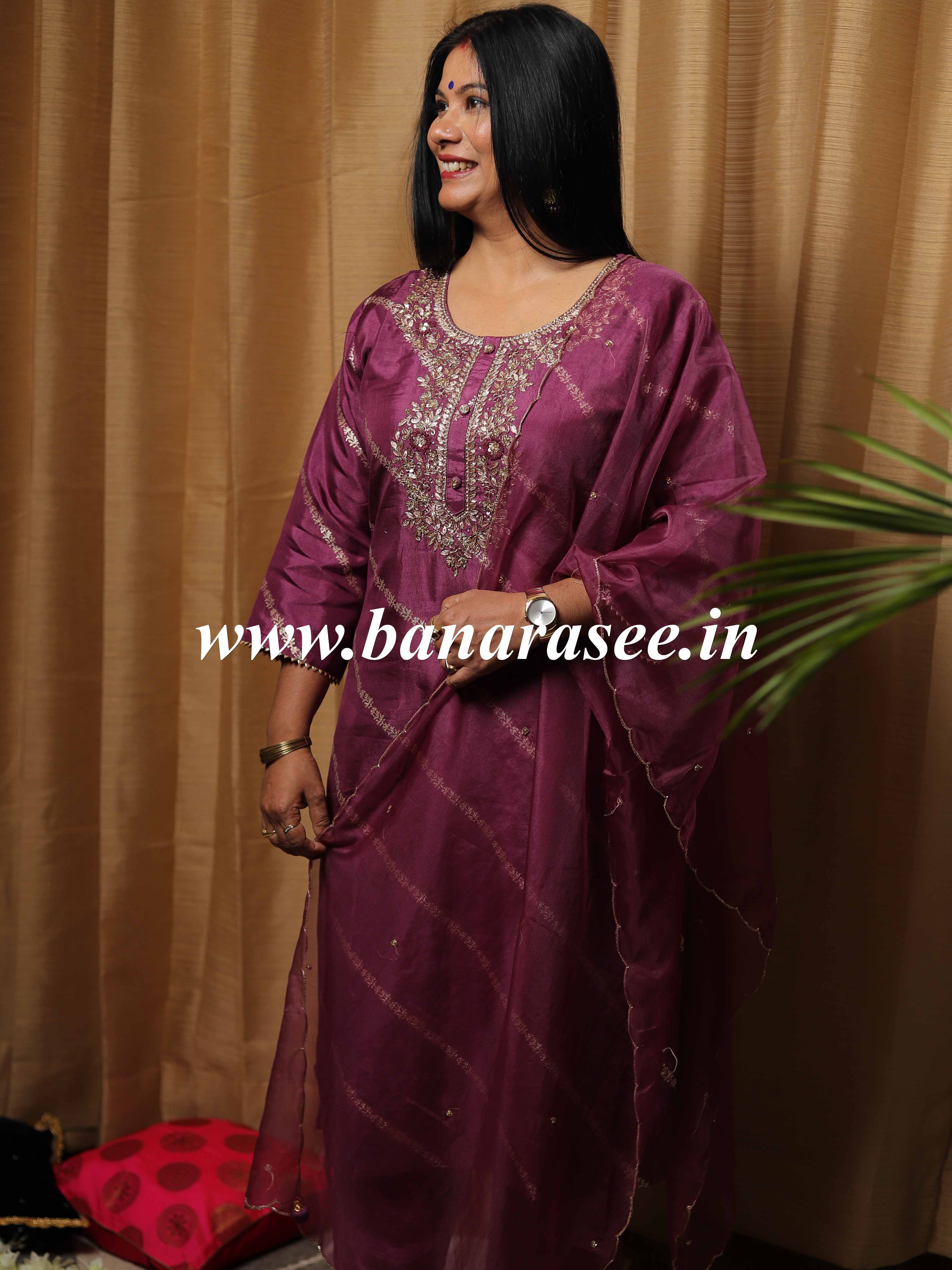 Banarasee Semi Silk Kurta Pants With Organza Dupatta Suit Set-Purple