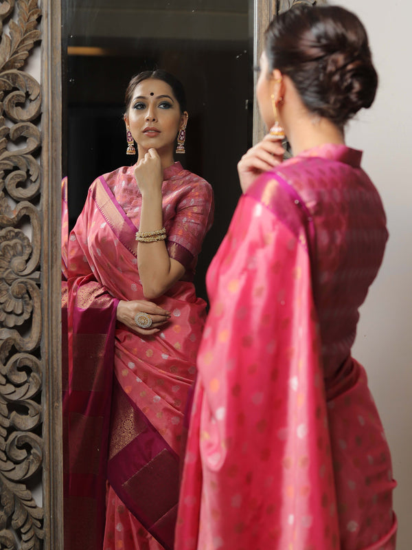Banarasee Handwoven Soft Semi Silk Saree With Contrast Border Design-Peach