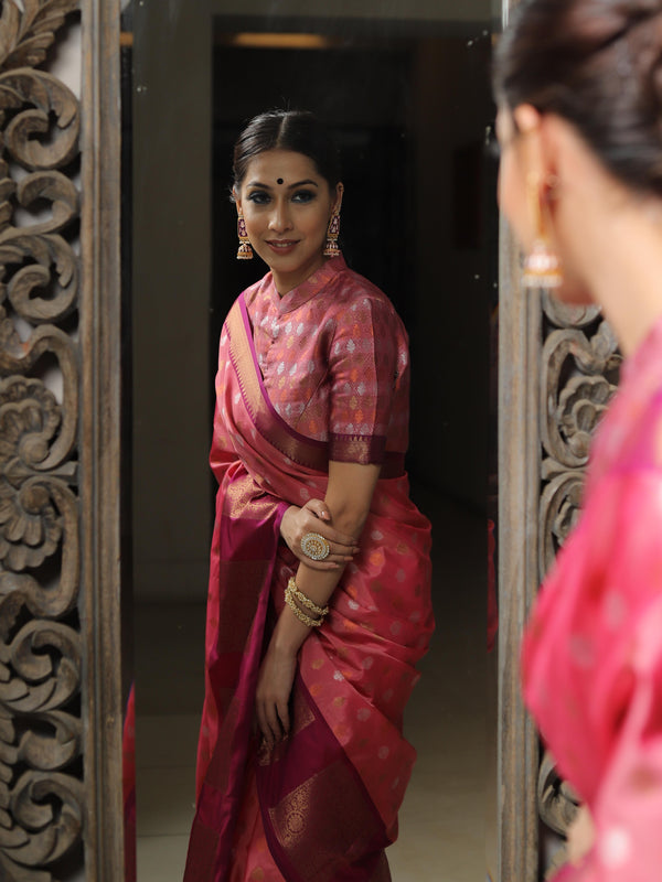 Banarasee Handwoven Soft Semi Silk Saree With Contrast Border Design-Peach