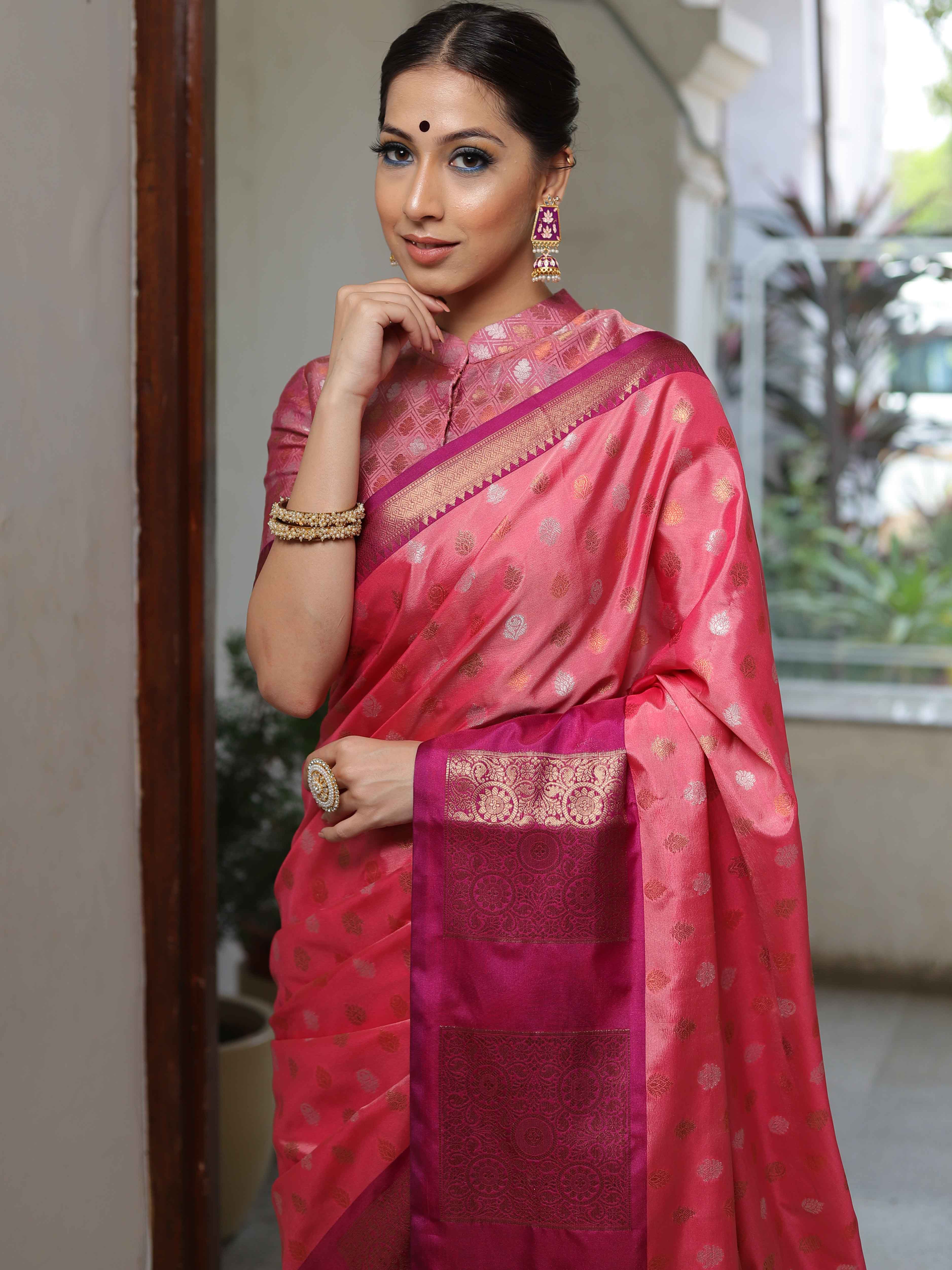 Banarasee Handwoven Soft Semi Silk Saree With Contrast Border Design-Peach