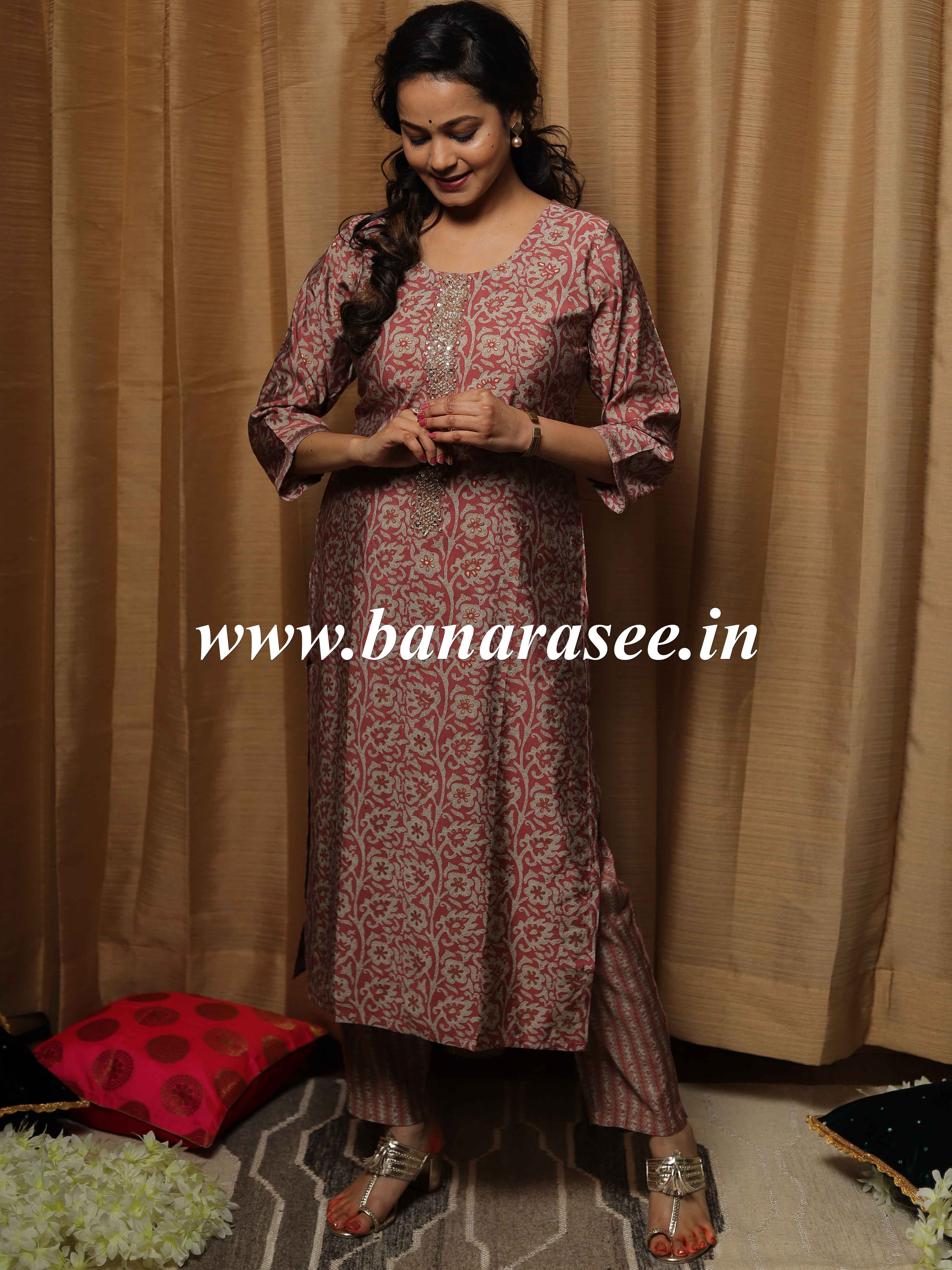 Banarasee Muslin Silk Kurta With Pants-Rouge Pink