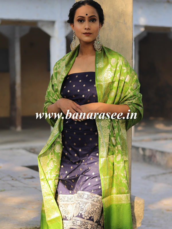Banarasee Semi Katan Salwar Kameez Dupatta Set With Sona Rupa Zari Work-Deep Blue & Green