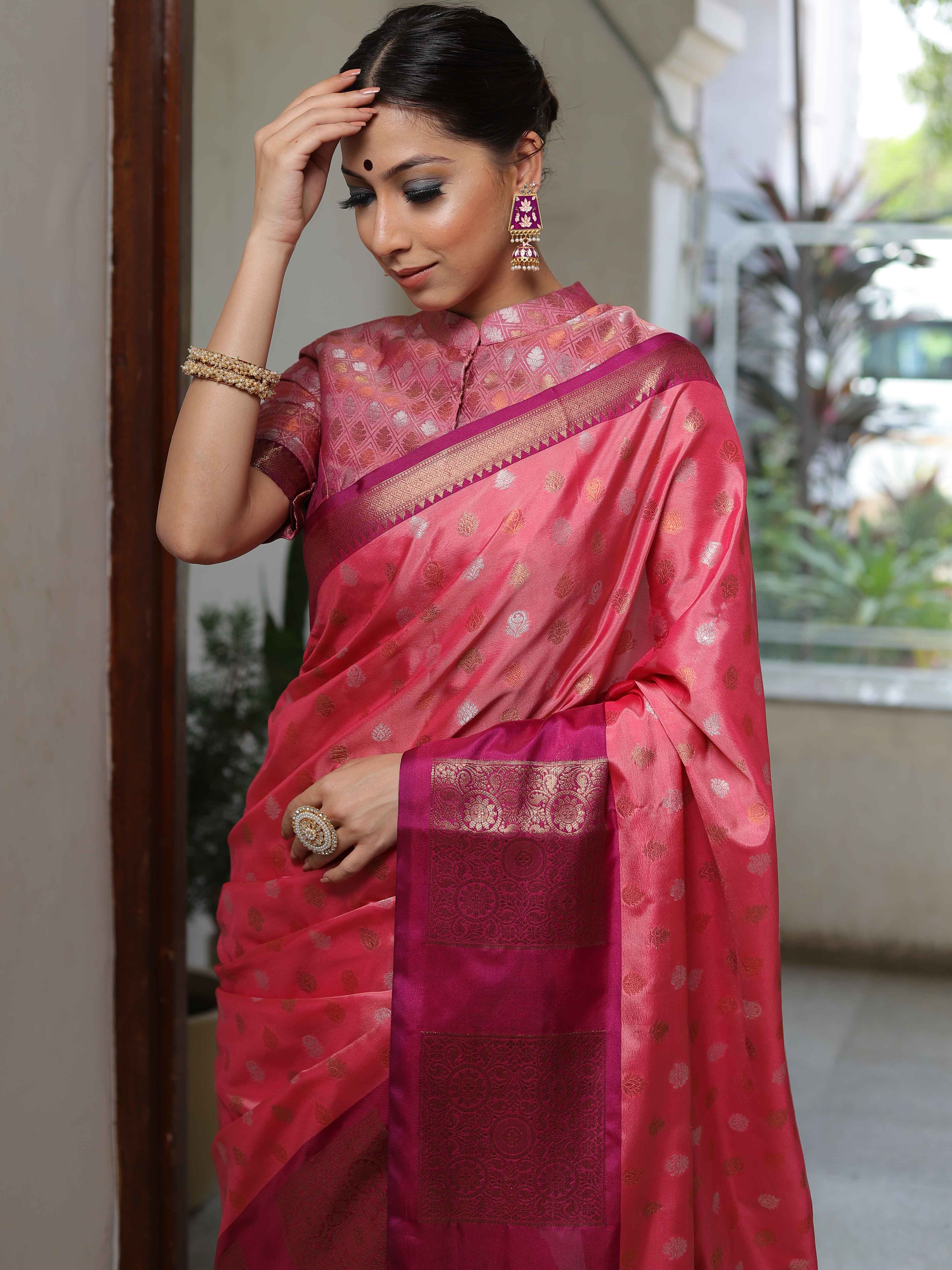 Banarasee Handwoven Soft Semi Silk Saree With Contrast Border Design-Peach