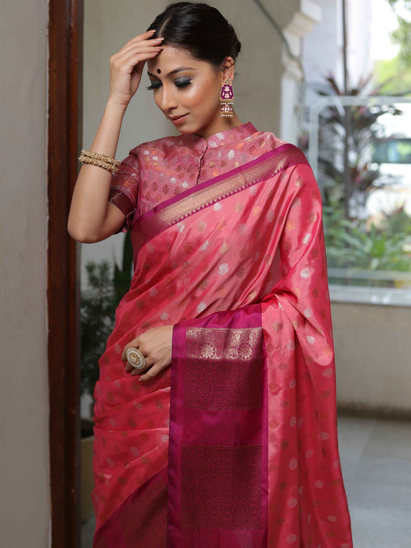 Banarasee Handwoven Soft Semi Silk Saree With Contrast Border Design-Peach