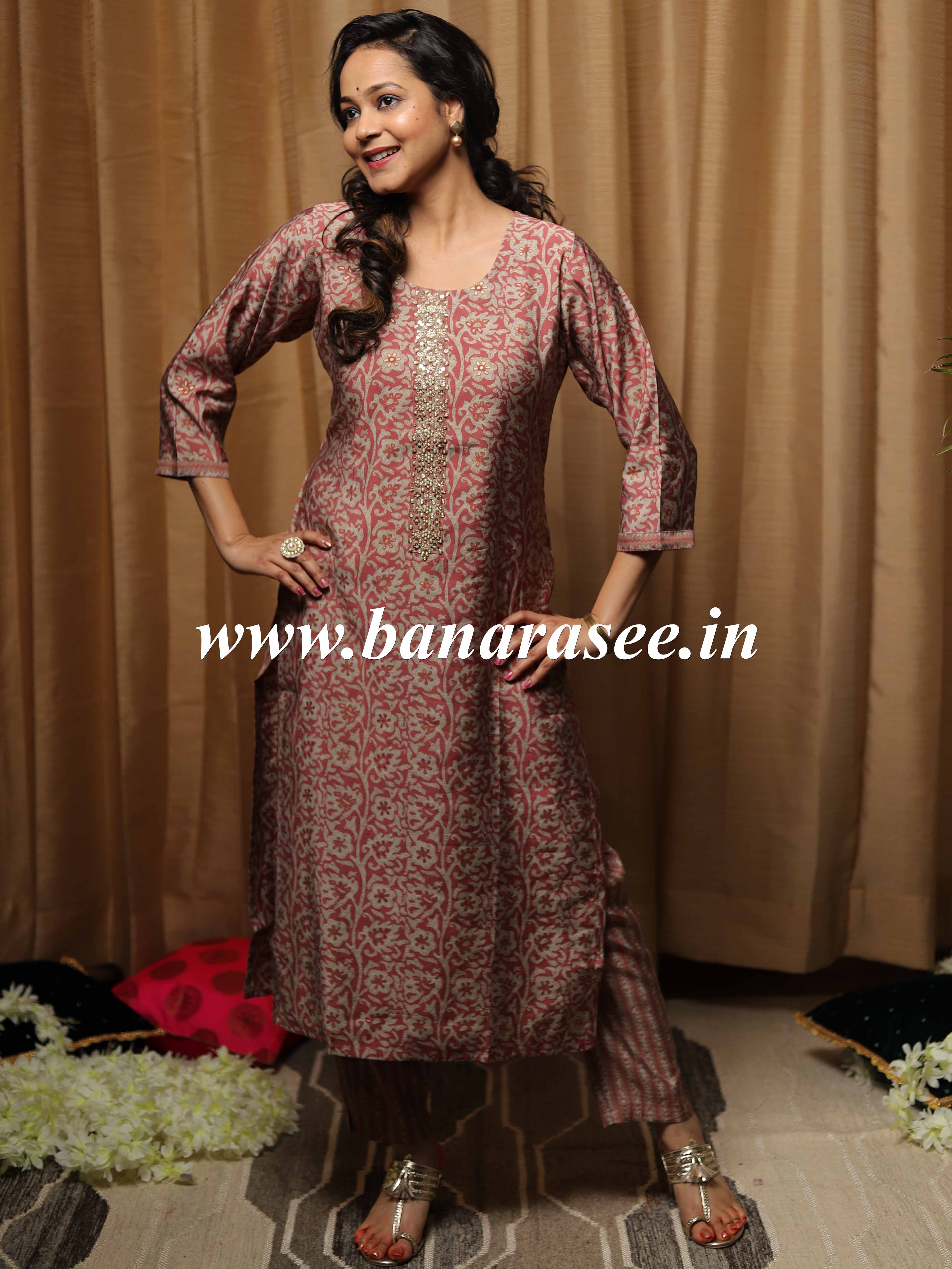 Banarasee Muslin Silk Kurta With Pants-Rouge Pink