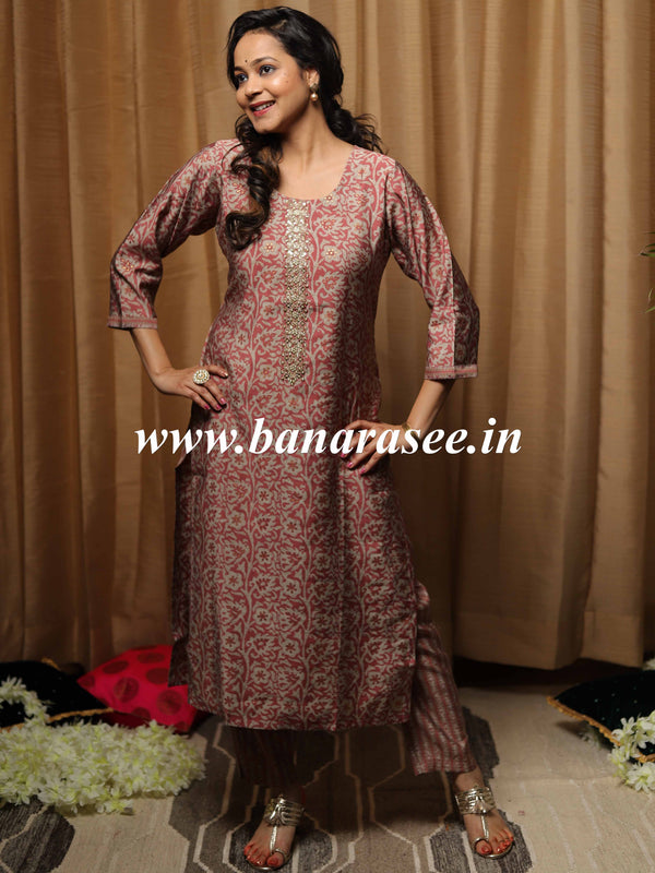 Banarasee Muslin Silk Kurta With Pants-Rouge Pink
