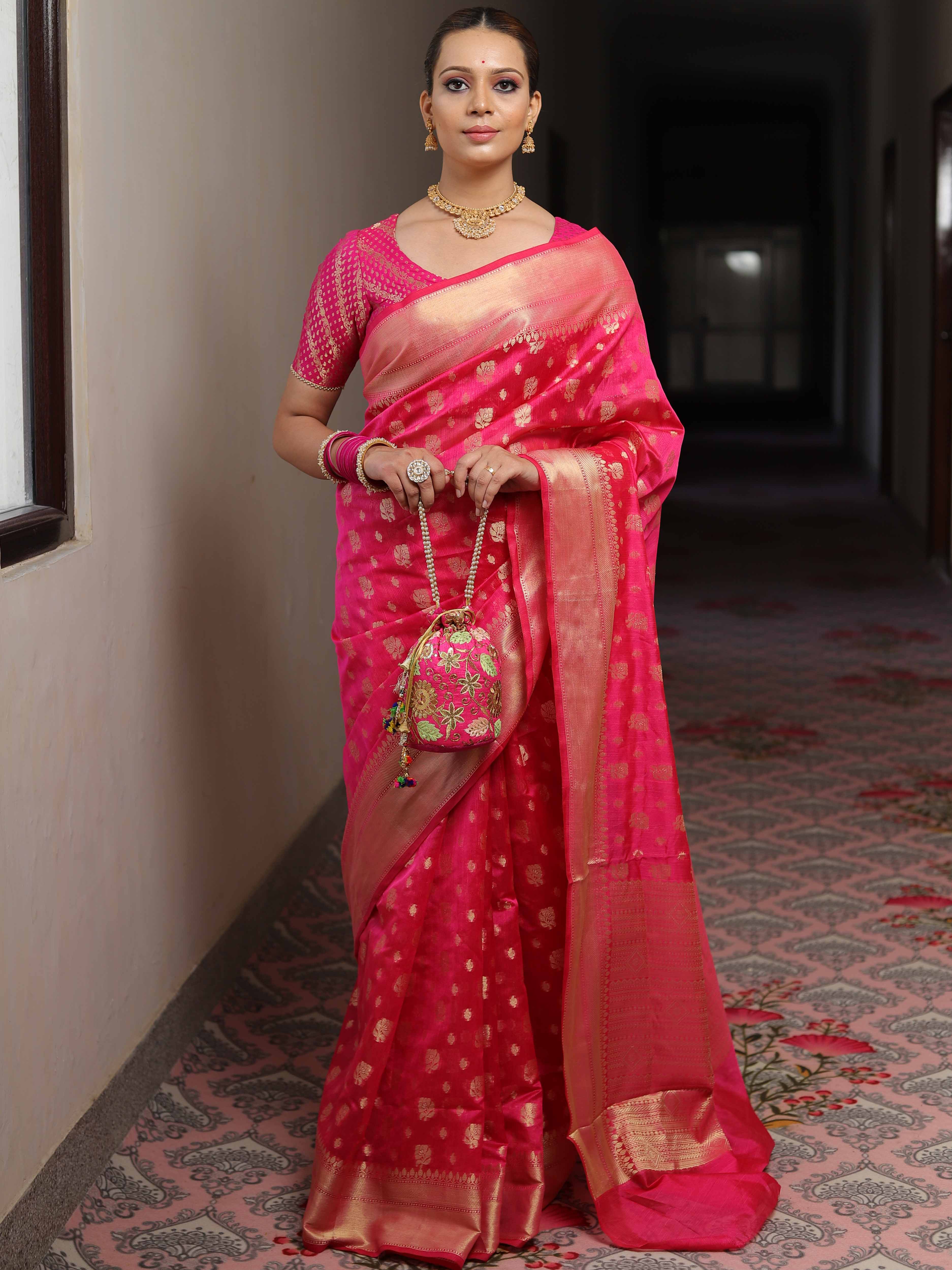 Banarasee Cotton Silk Zari Border & Buta Saree-Pink