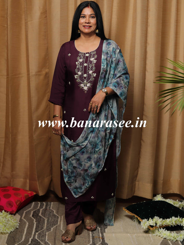 Banarasee Chanderi Kurta Pants With Chiffon Dupatta Suit Set-Wine & Grey