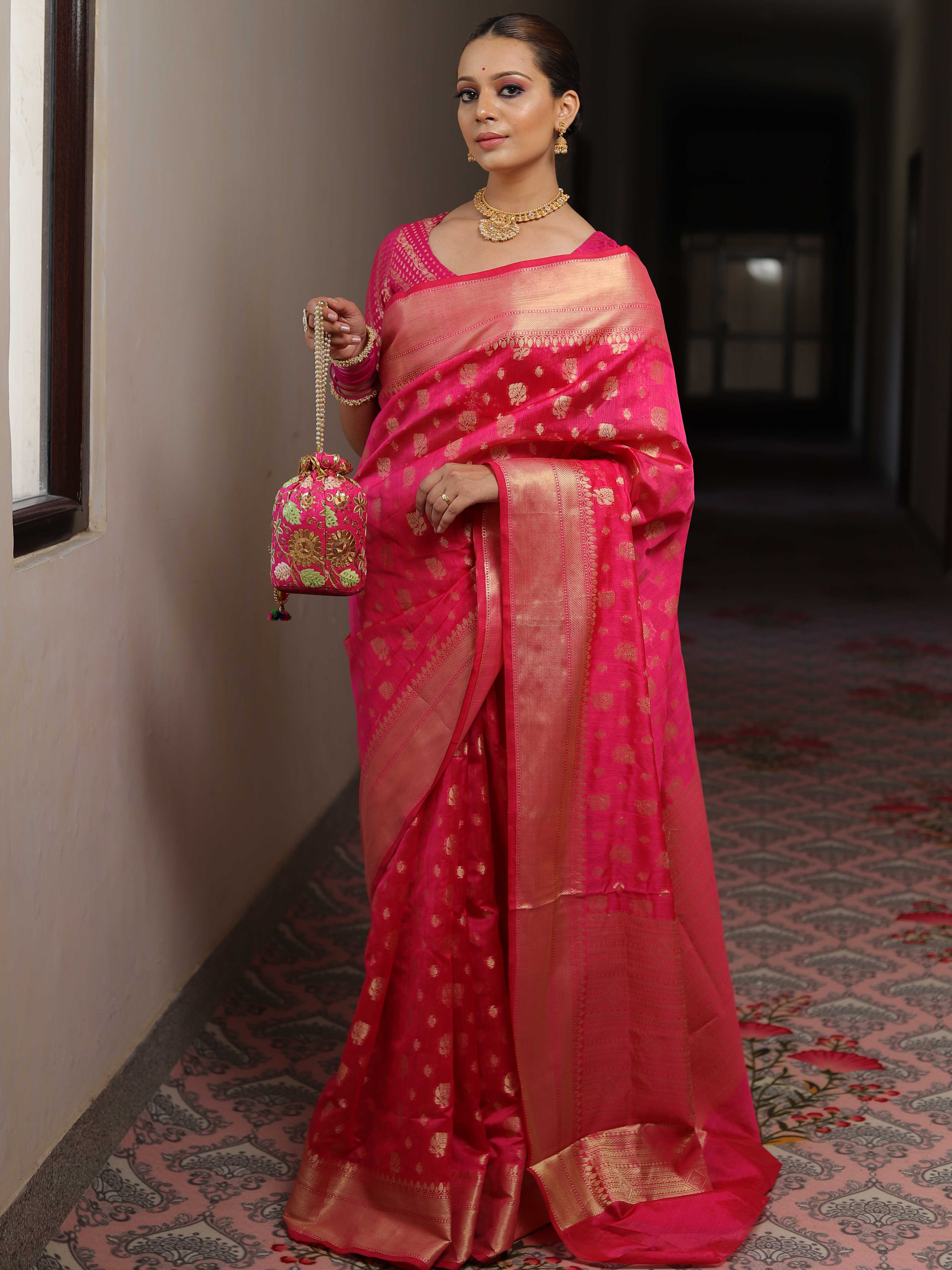 Banarasee Cotton Silk Zari Border & Buta Saree-Pink