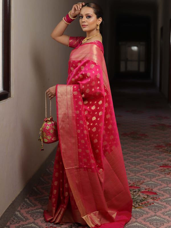 Banarasee Cotton Silk Zari Border & Buta Saree-Pink