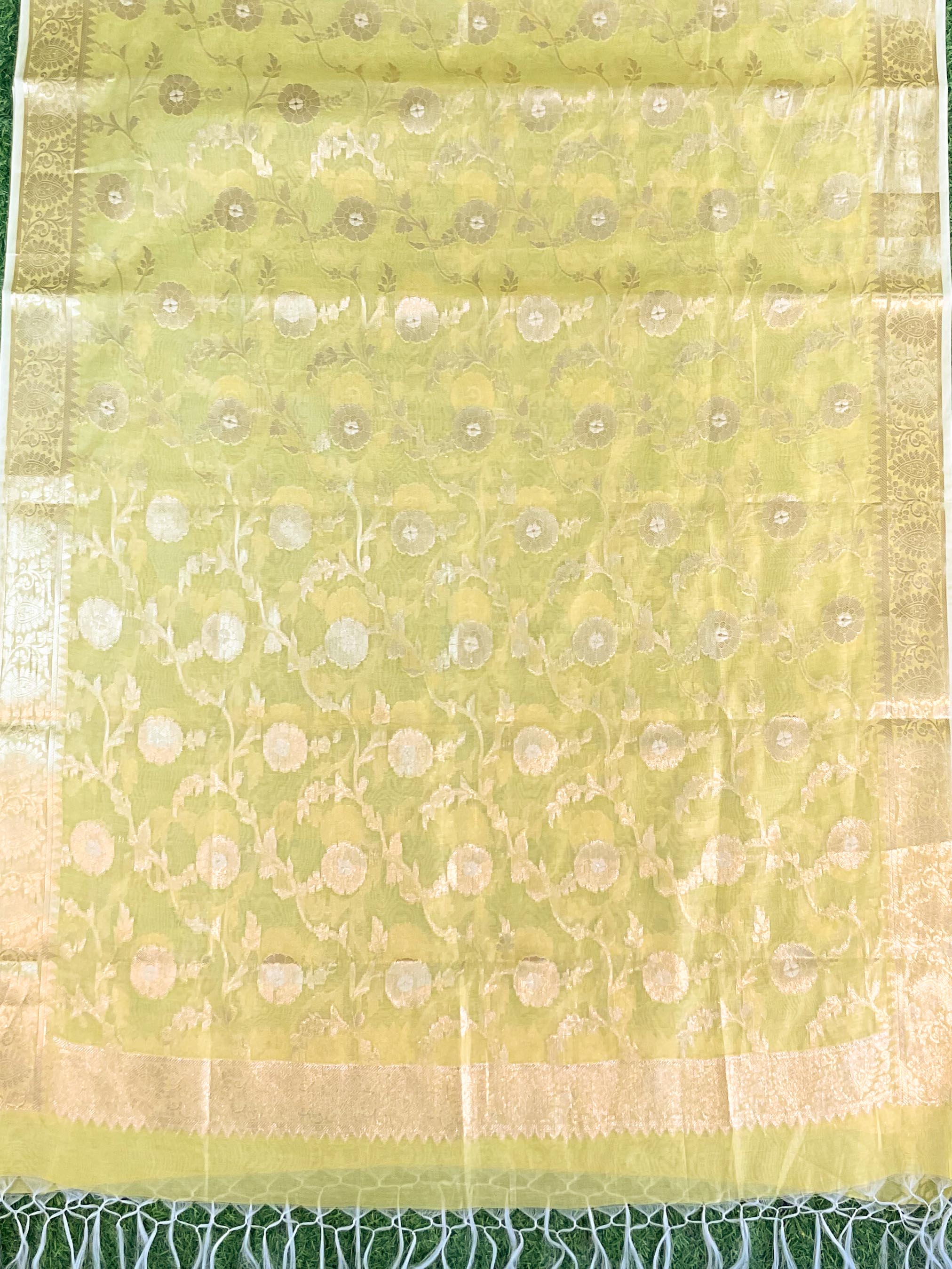 Banarasee Handwoven Salwar Kameez Cotton Silk Resham & Zari Jaal Woven Fabric-Yellow