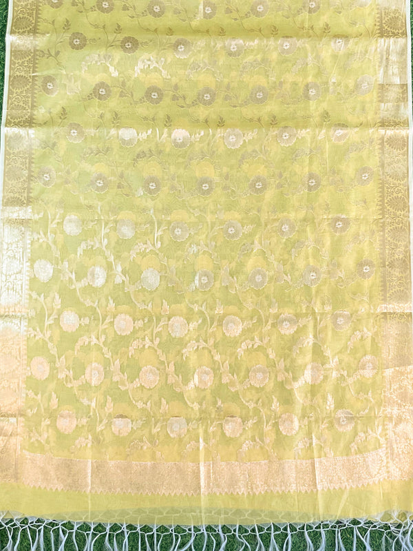 Banarasee Handwoven Salwar Kameez Cotton Silk Resham & Zari Jaal Woven Fabric-Yellow