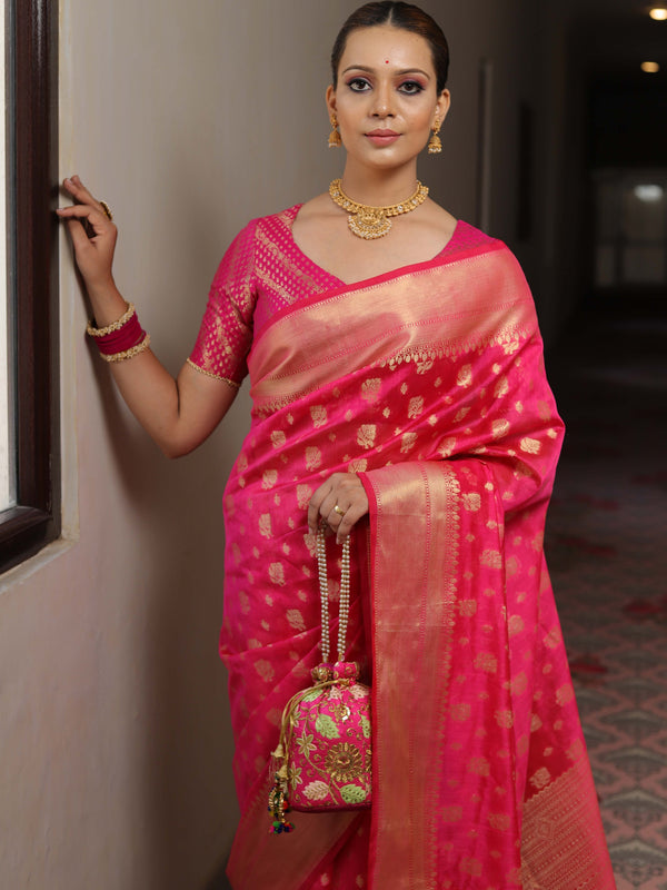 Banarasee Cotton Silk Zari Border & Buta Saree-Pink