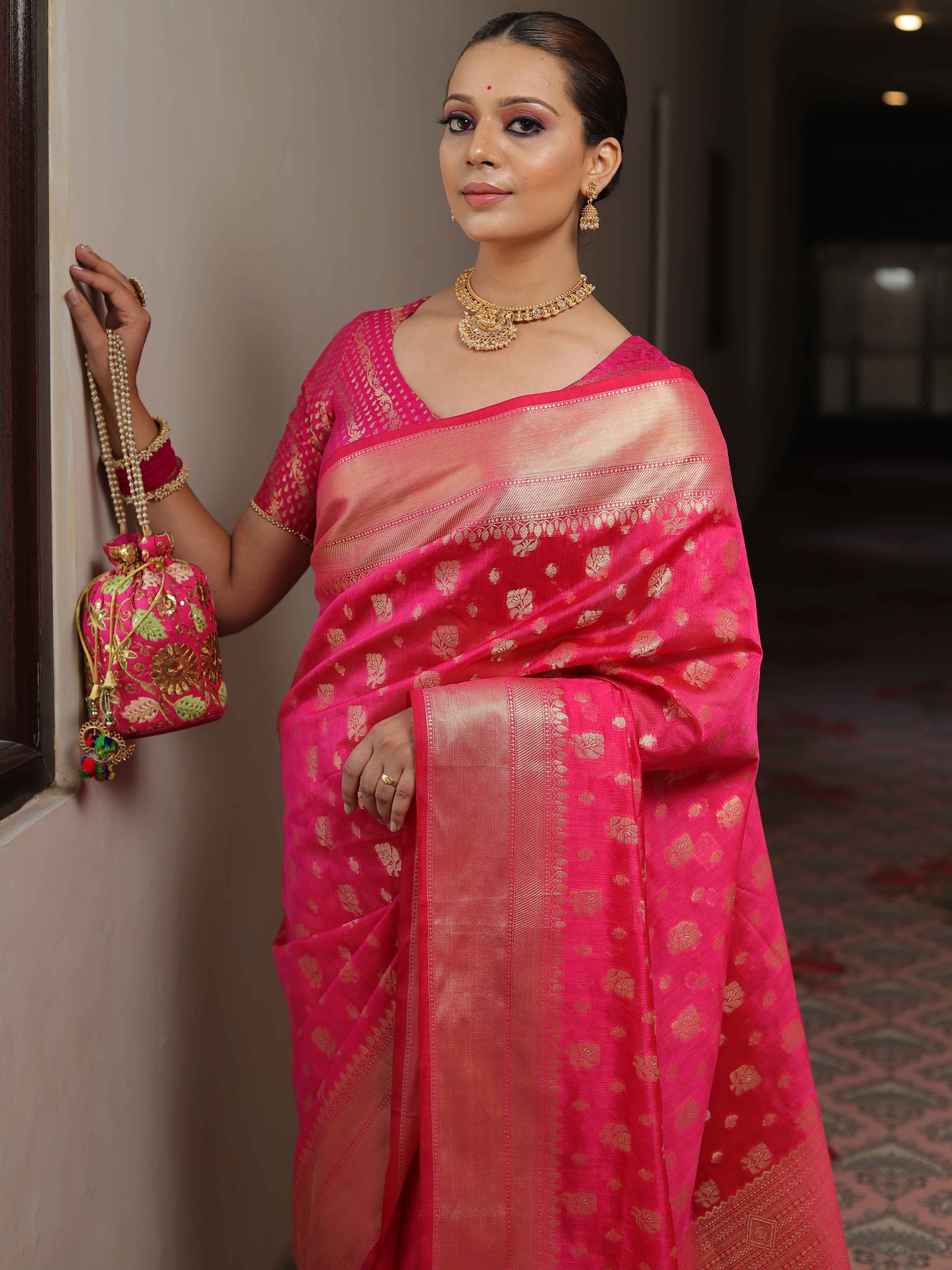 Banarasee Cotton Silk Zari Border & Buta Saree-Pink