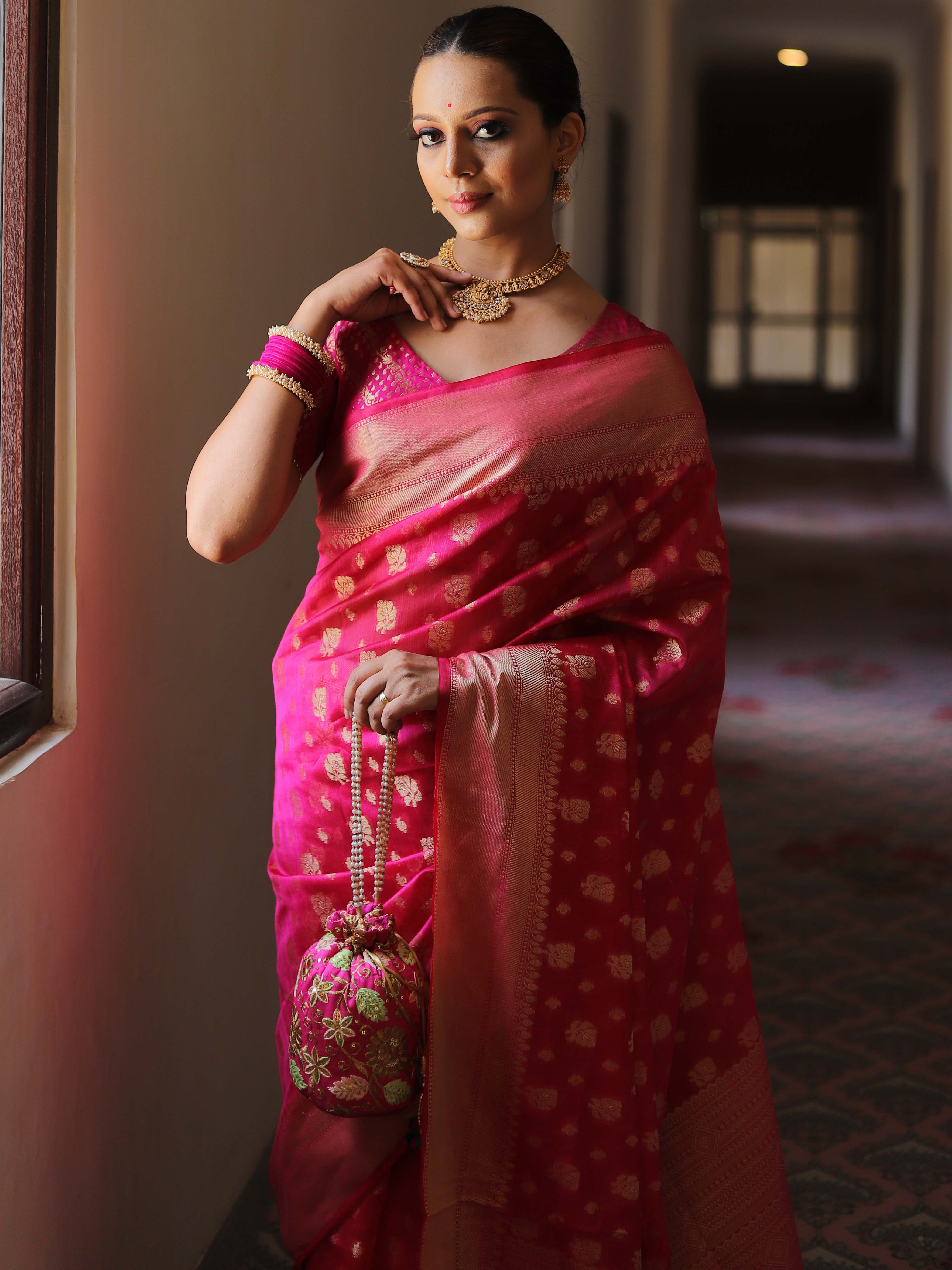 Banarasee Cotton Silk Zari Border & Buta Saree-Pink