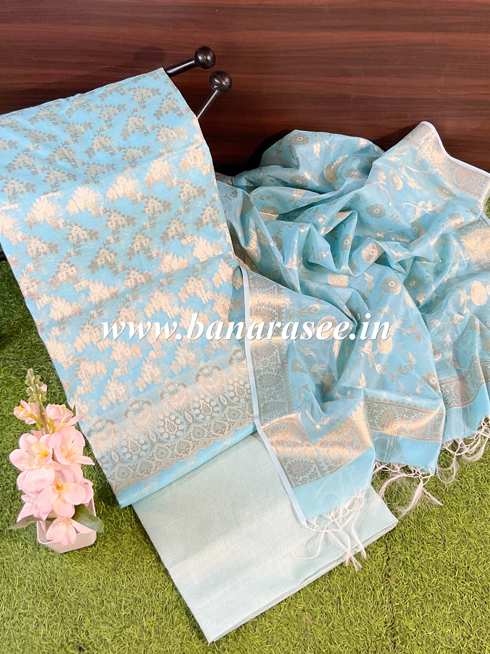 Banarasee Handwoven Salwar Kameez Cotton Silk Resham & Zari Jaal Woven Fabric-Blue