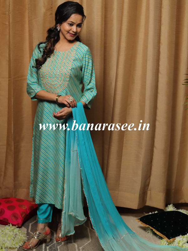Banarasee Chanderi Kurta Pants With Chiffon Dupatta Suit Set-Blue