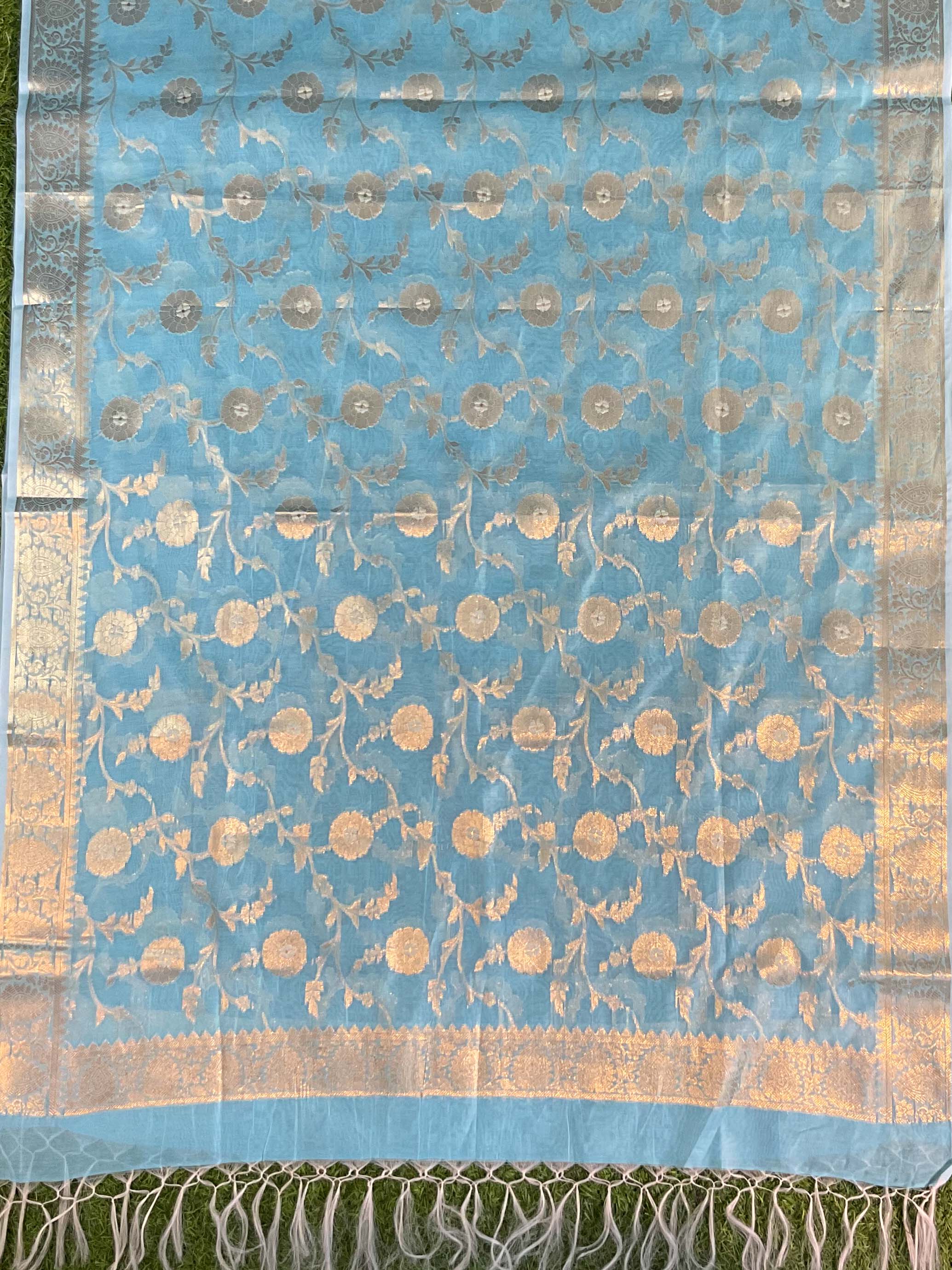 Banarasee Handwoven Salwar Kameez Cotton Silk Resham & Zari Jaal Woven Fabric-Blue