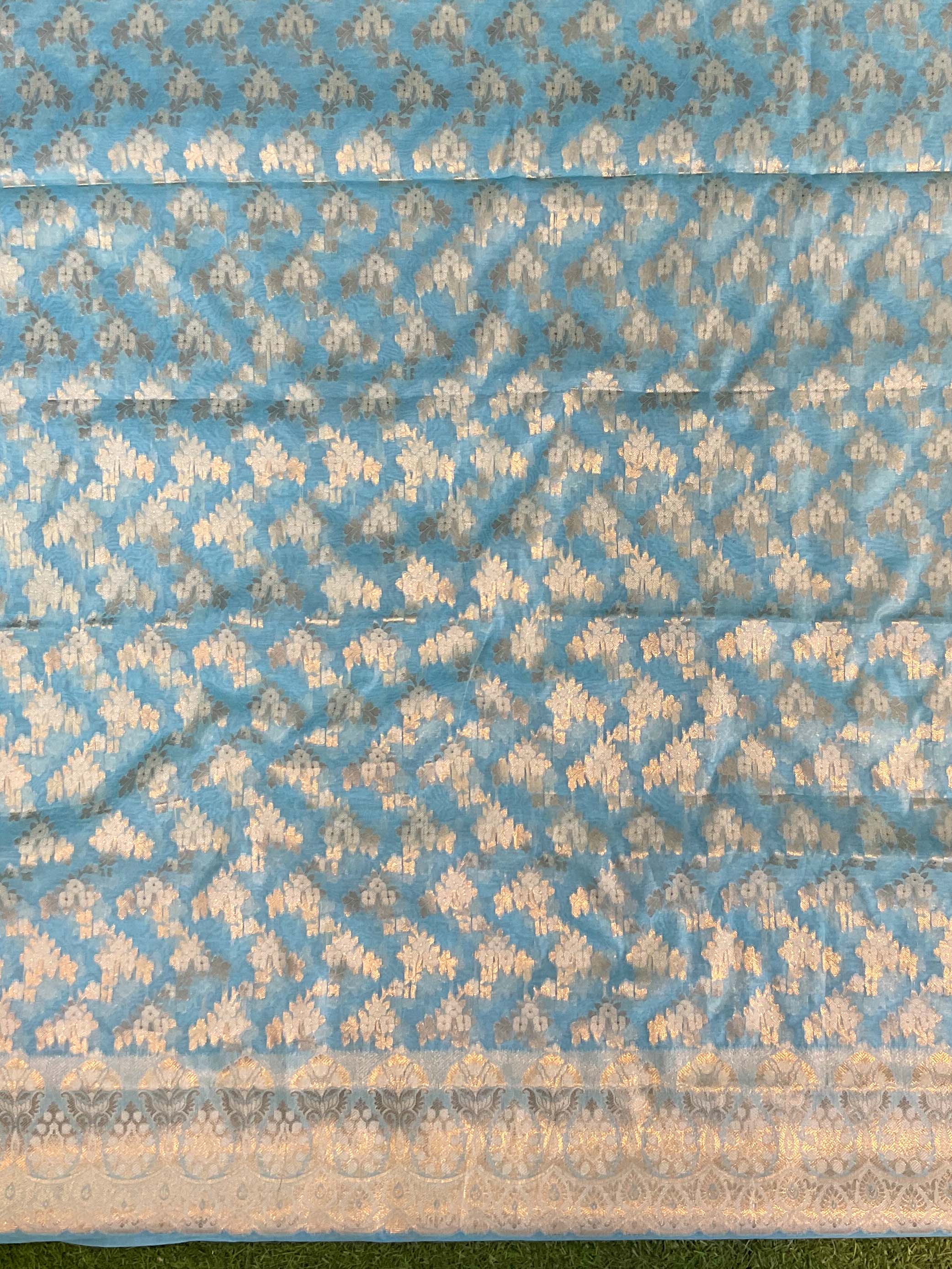 Banarasee Handwoven Salwar Kameez Cotton Silk Resham & Zari Jaal Woven Fabric-Blue
