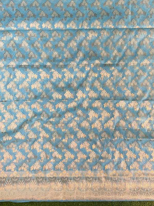 Banarasee Handwoven Salwar Kameez Cotton Silk Resham & Zari Jaal Woven Fabric-Blue