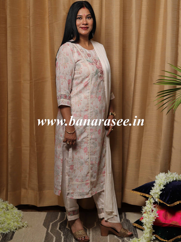 Banarasee Cotton Kurta Pants With Chiffon Dupatta Suit Set-White
