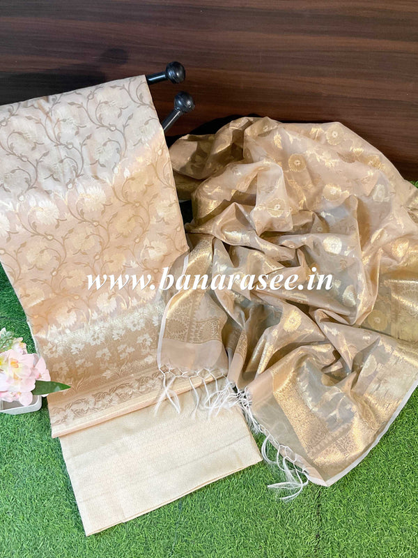 Banarasee Handwoven Salwar Kameez Cotton Silk Resham & Zari Jaal Woven Fabric-Beige
