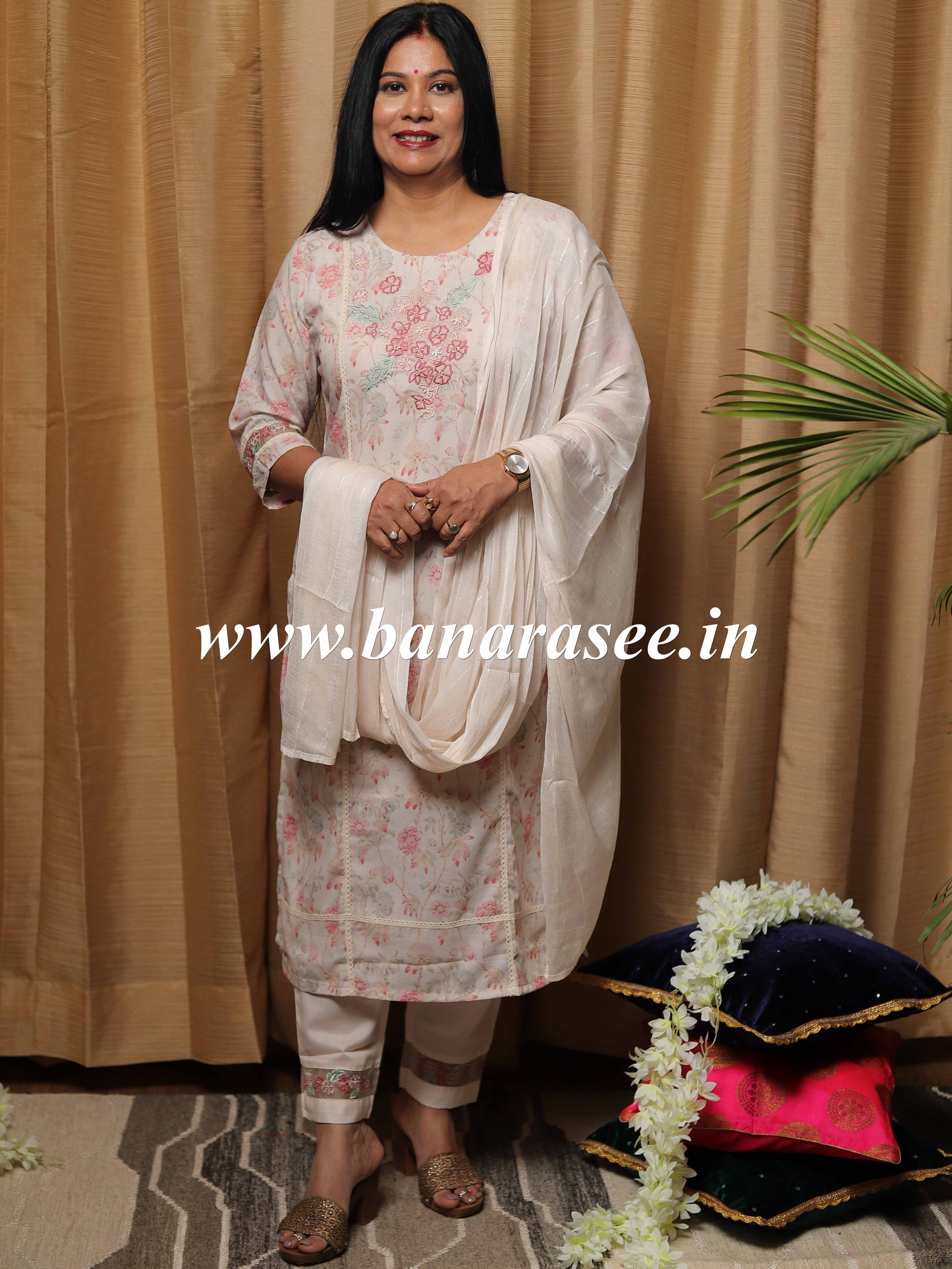 Banarasee Cotton Kurta Pants With Chiffon Dupatta Suit Set-White