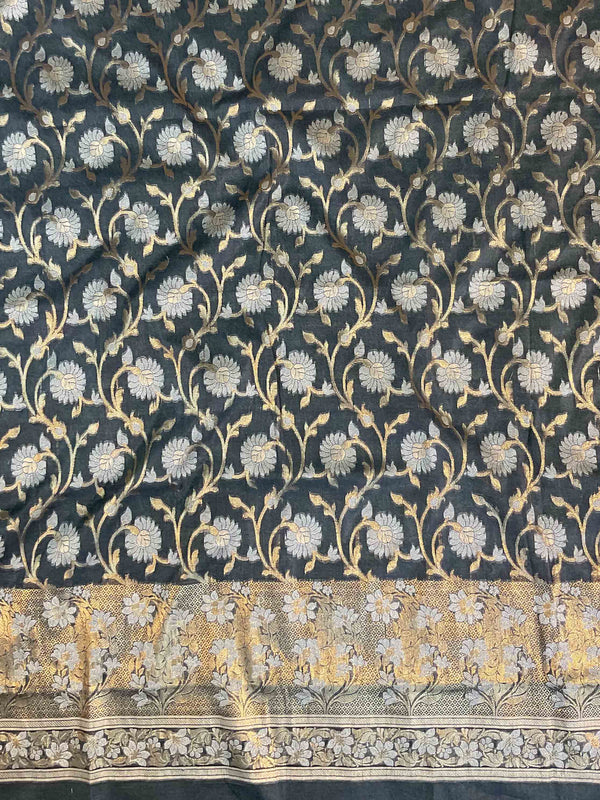 Banarasee Handwoven Salwar Kameez Cotton Silk Resham & Zari Jaal Woven Fabric-Grey