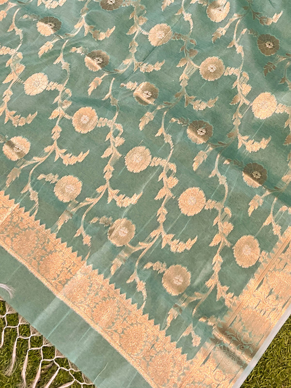 Banarasee Handwoven Salwar Kameez Cotton Silk Resham & Zari Buta Woven Fabric-Green