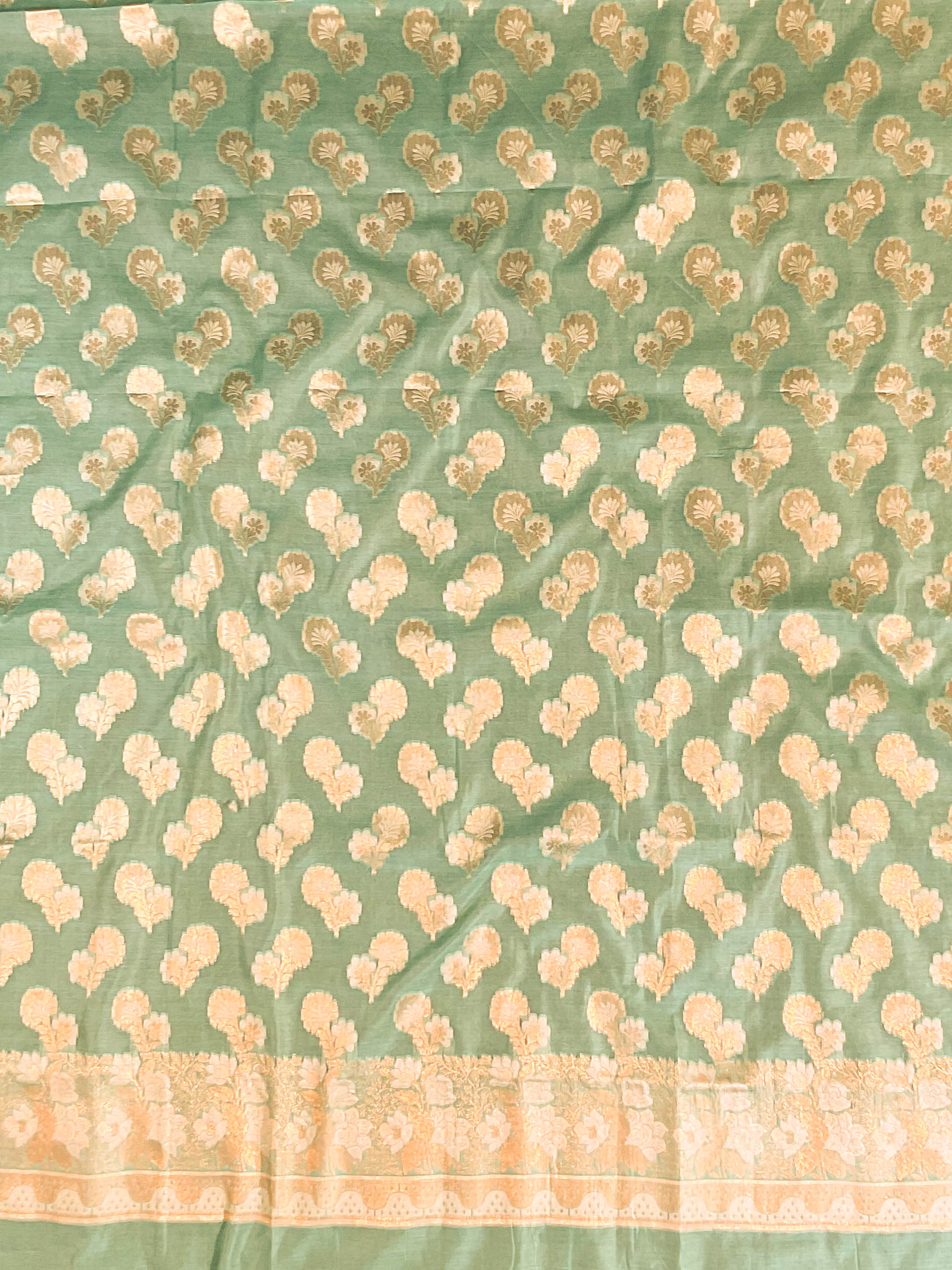 Banarasee Handwoven Salwar Kameez Cotton Silk Resham & Zari Buta Woven Fabric-Green
