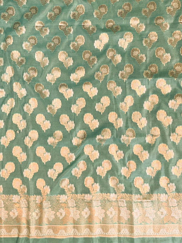 Banarasee Handwoven Salwar Kameez Cotton Silk Resham & Zari Buta Woven Fabric-Green