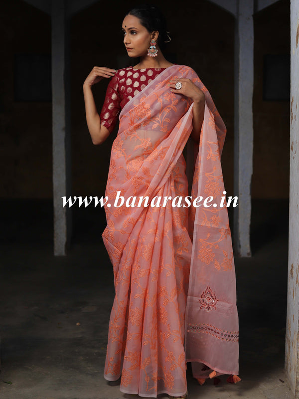 Banarasee Handwoven Organza Silk Embroidered Saree With Contrast Silk Cotton Blouse-Peach & Maroon