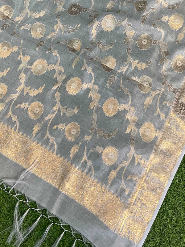 Banarasee Handwoven Salwar Kameez Cotton Silk Resham & Zari Buta Woven Fabric-White