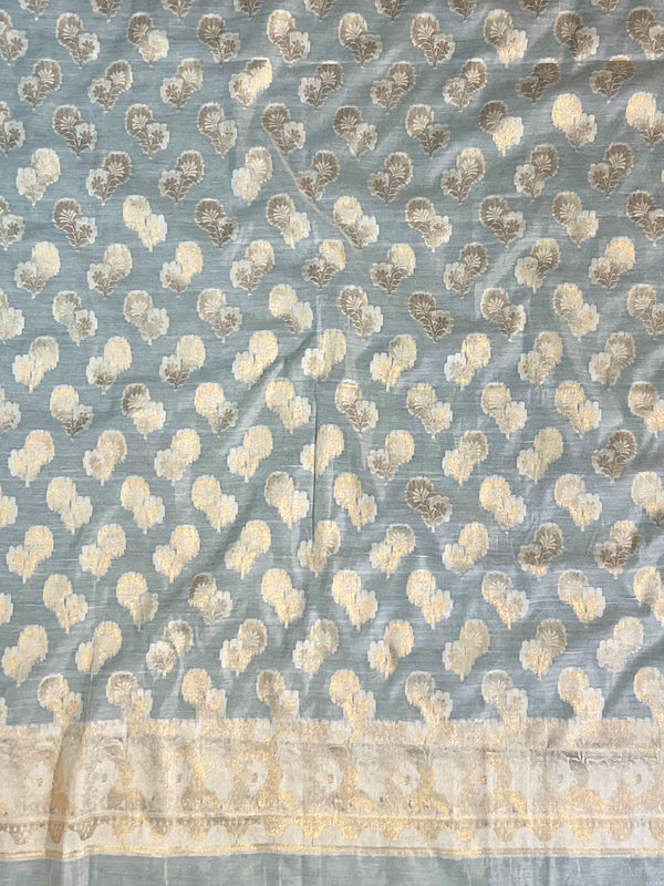Banarasee Handwoven Salwar Kameez Cotton Silk Resham & Zari Buta Woven Fabric-White