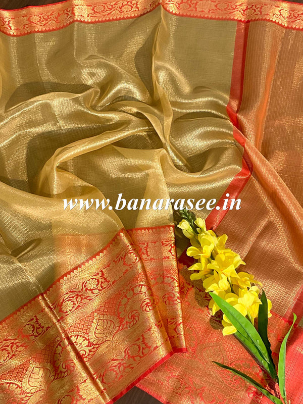 Banarasee Handwoven Broad Contrast Border Tissue Saree-Gold & Red