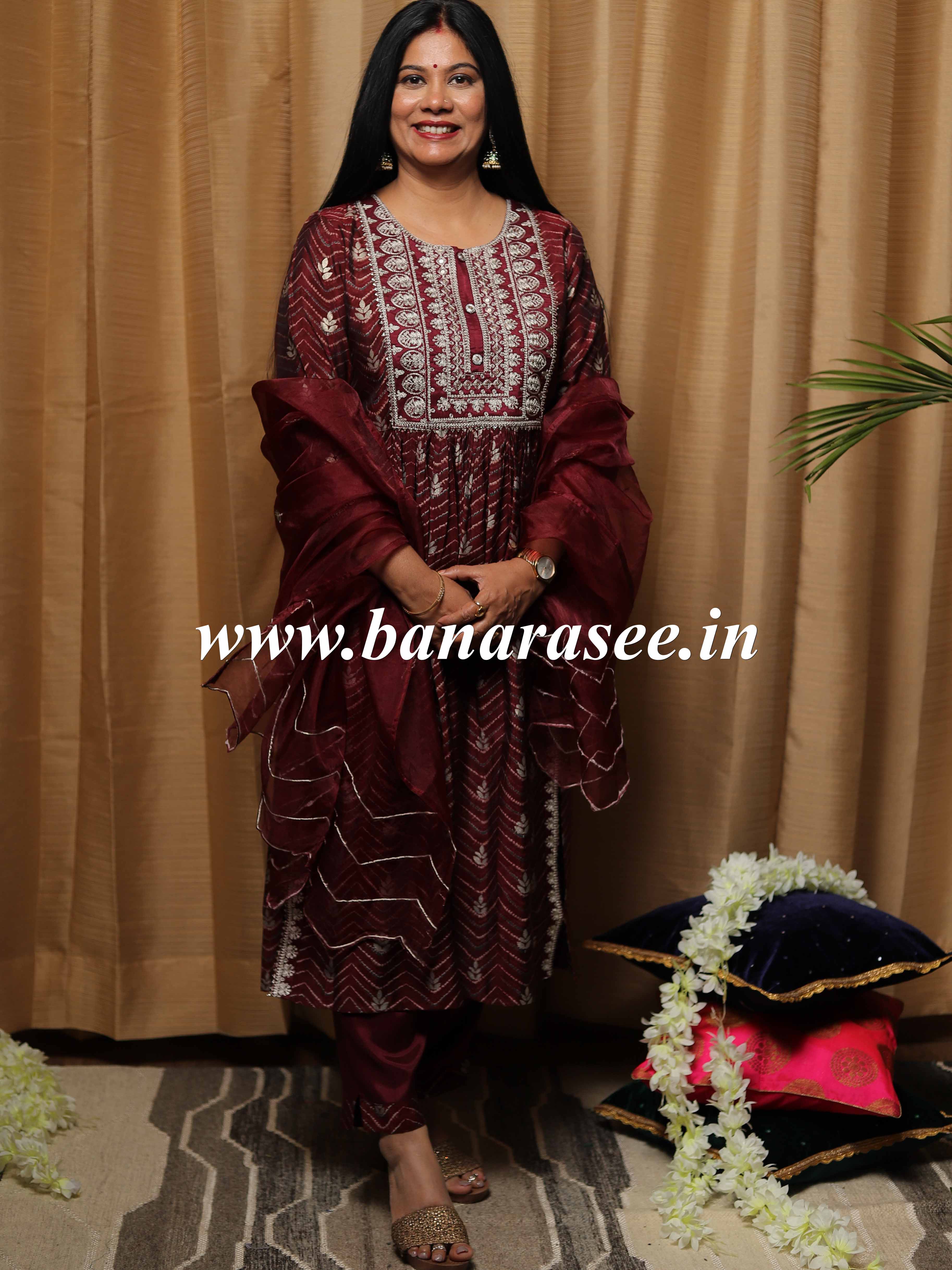 Banarasee Muslin Silk Kurta Pants With Organza Dupatta Suit Set-Plum
