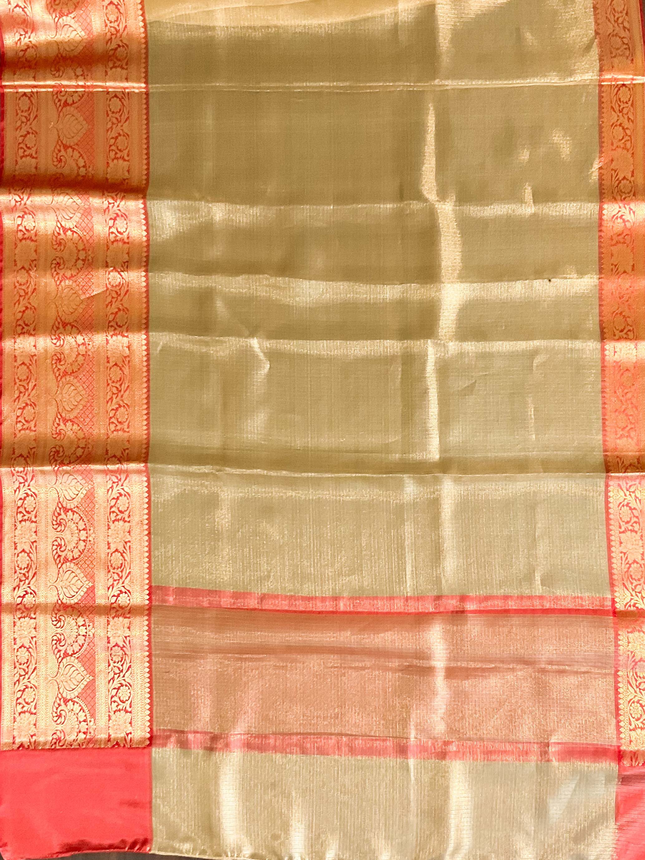 Banarasee Handwoven Broad Contrast Border Tissue Saree-Gold & Red