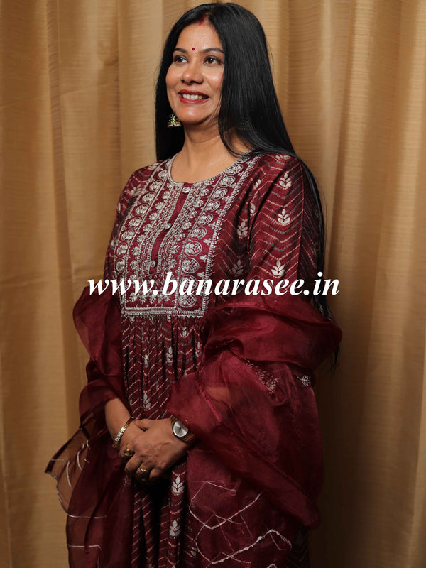 Banarasee Muslin Silk Kurta Pants With Organza Dupatta Suit Set-Plum