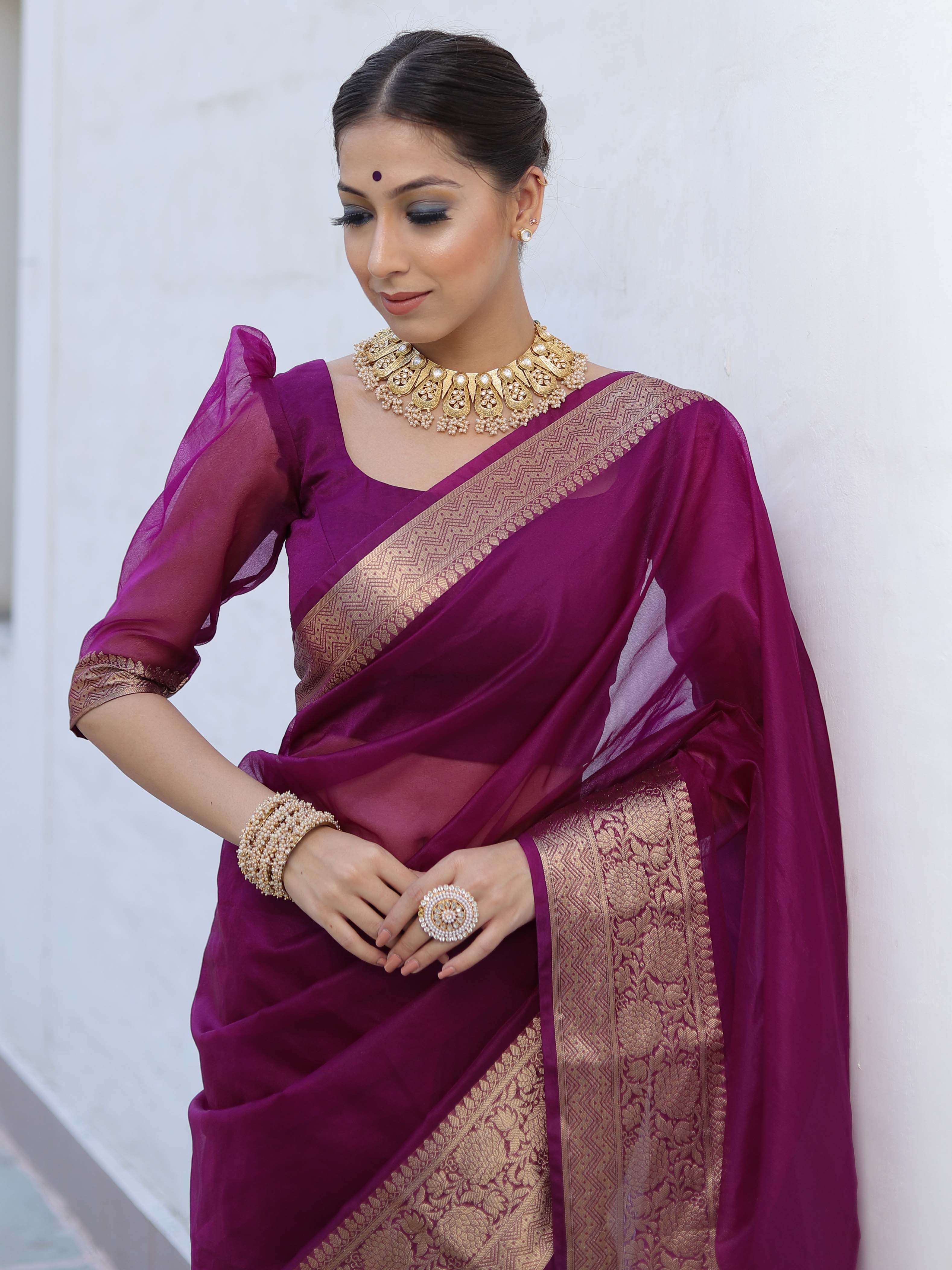 Banarasee Organza Mix Saree With Zari Border-Violet