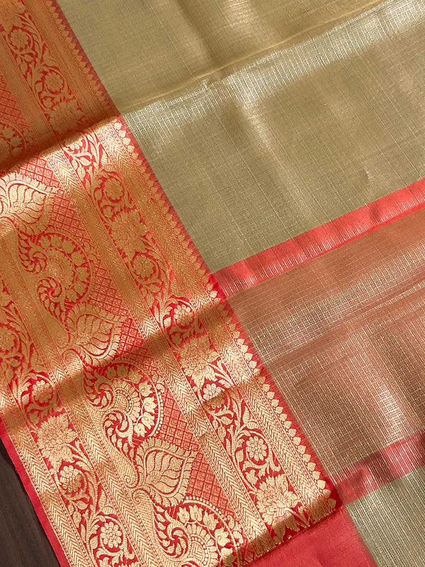 Banarasee Handwoven Broad Contrast Border Tissue Saree-Gold & Red