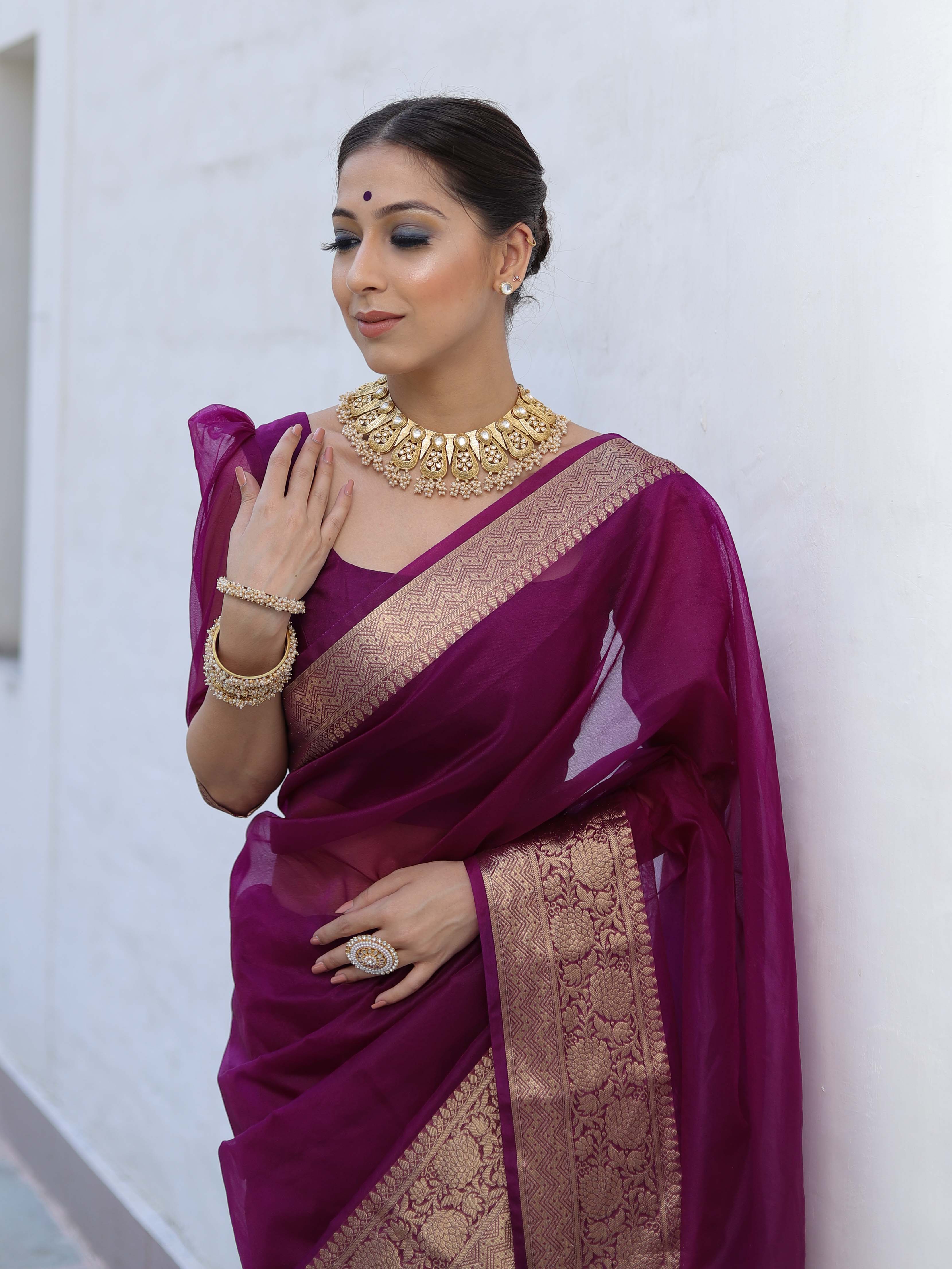 Banarasee Organza Mix Saree With Zari Border-Violet