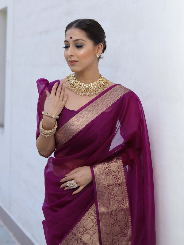 Banarasee Organza Mix Saree With Zari Border-Violet