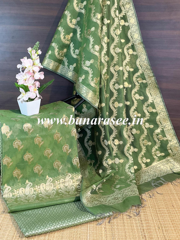 Banarasee Handwoven Salwar Kameez Cotton Silk Resham & Zari Buta Woven Fabric-Olive Green