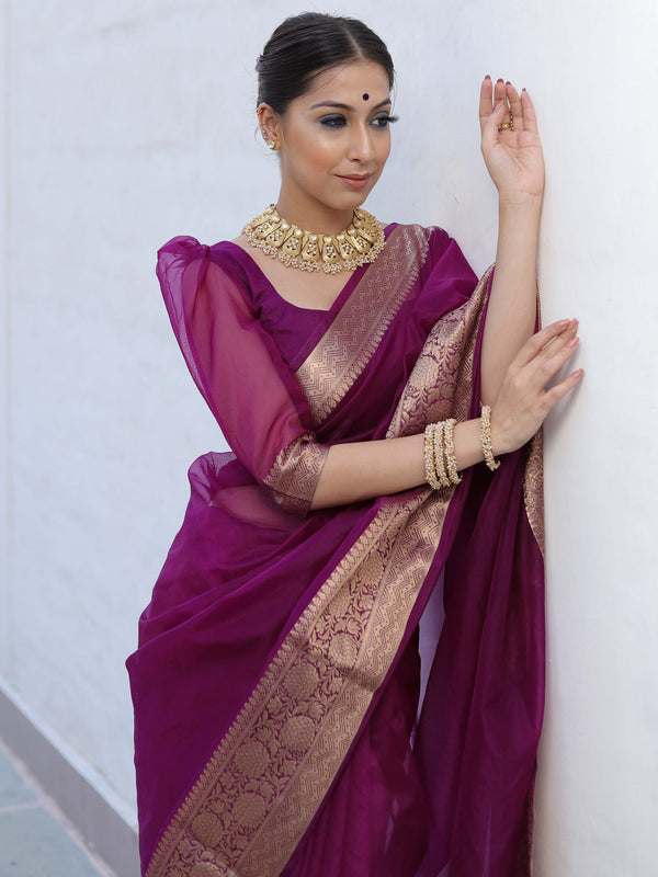 Banarasee Organza Mix Saree With Zari Border-Violet