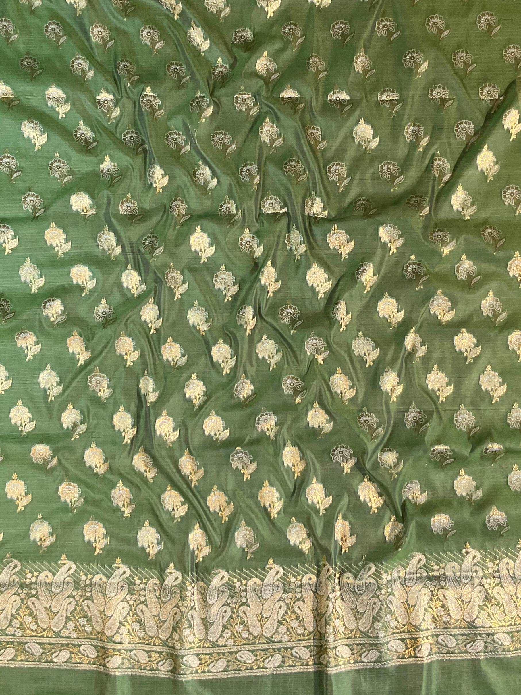 Banarasee Handwoven Salwar Kameez Cotton Silk Resham & Zari Buta Woven Fabric-Olive Green