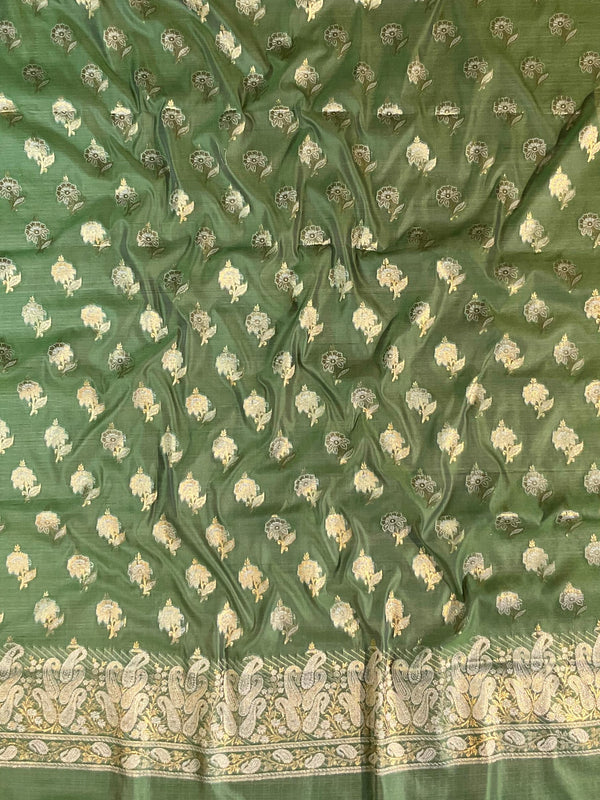 Banarasee Handwoven Salwar Kameez Cotton Silk Resham & Zari Buta Woven Fabric-Olive Green