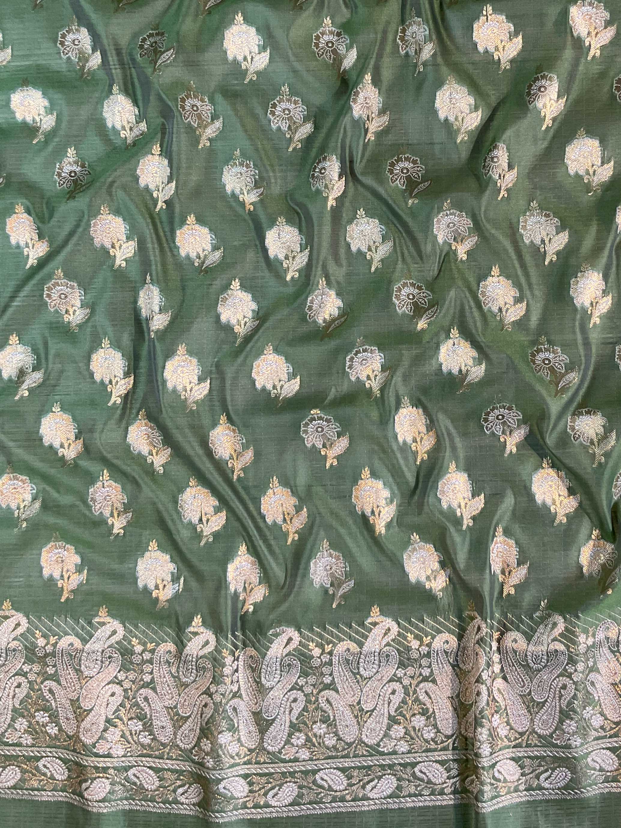 Banarasee Handwoven Salwar Kameez Cotton Silk Resham & Zari Buta Woven Fabric-Olive Green