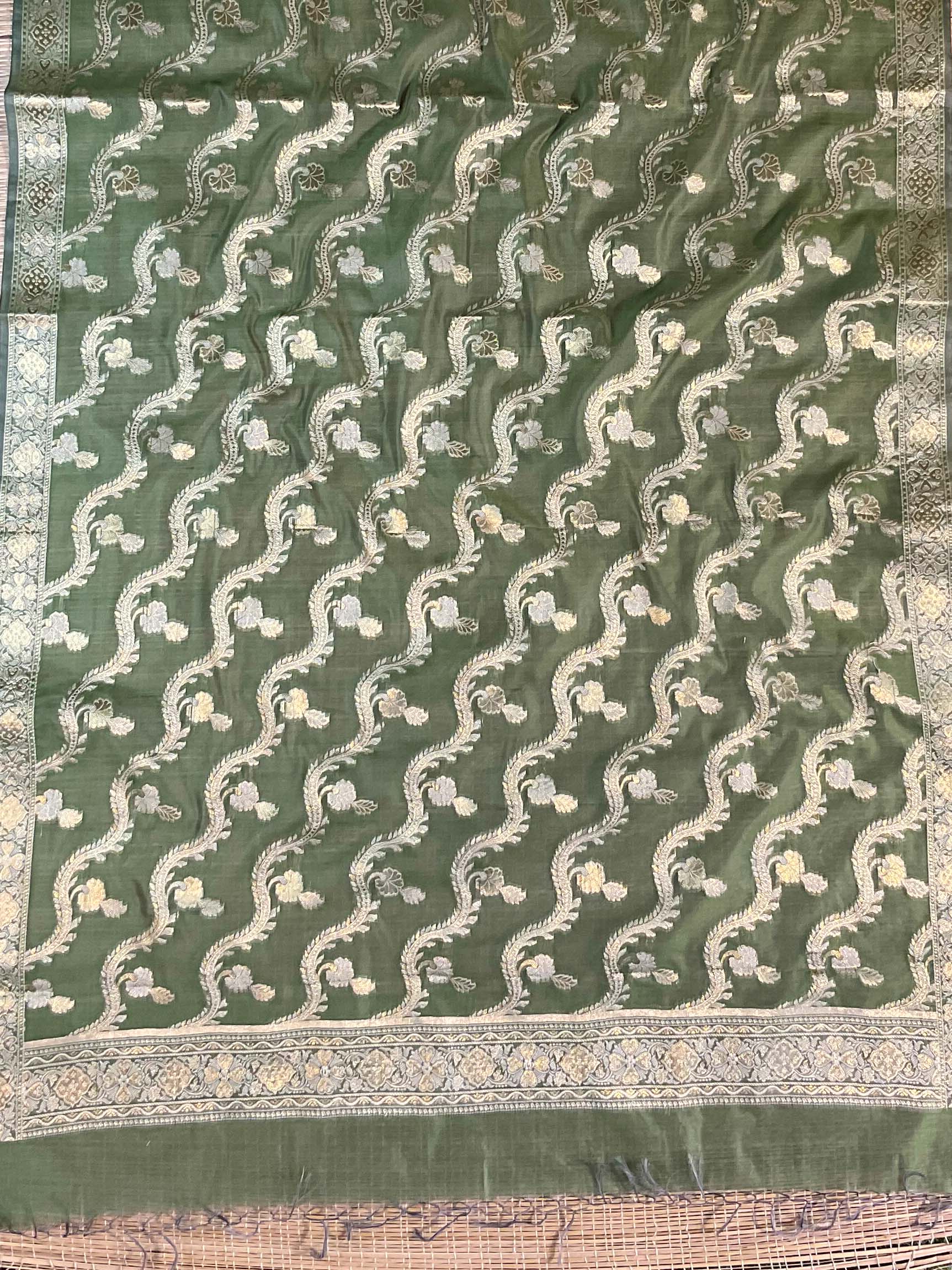 Banarasee Handwoven Salwar Kameez Cotton Silk Resham & Zari Buta Woven Fabric-Olive Green